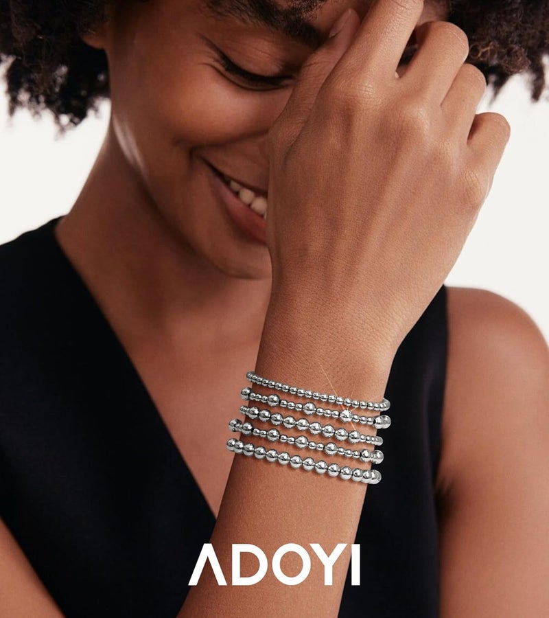 adoyi Gold Bracelets for Women Beaded Bracelet 14K Gold Plated Bracelet Stack Strand Stretch Bead Ball Bracelet Set Stackable Bracelet Adjustable Bracelet Set Jewelry for Gifts - Image 2